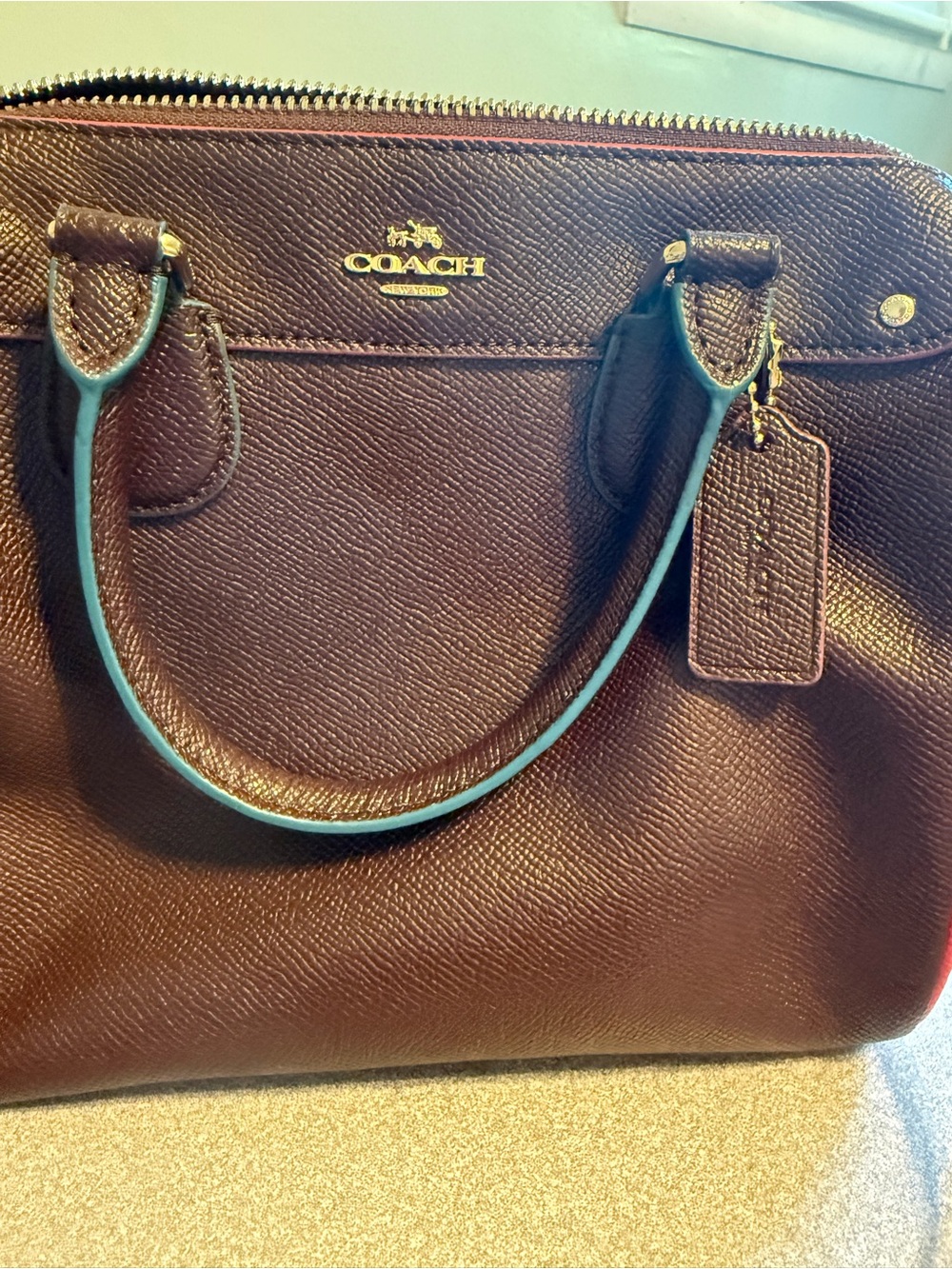 Coach Leather Satchel in Deep Merlot with Pink Piping - Picture 2 of 12